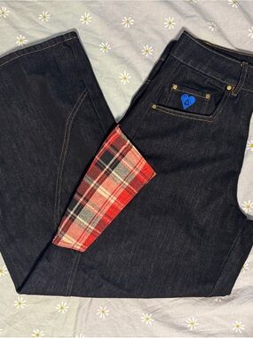 Aelfric Eden Black Bootcut Jeans with Red Plaid Cuff
